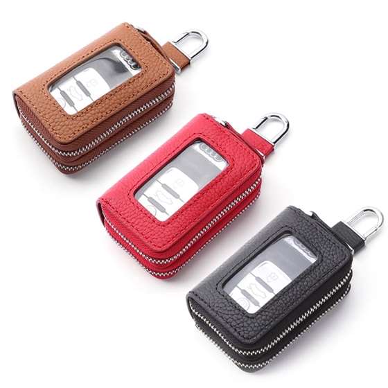 Double Zipper Leather Universal Key Fob Key Chain Case
